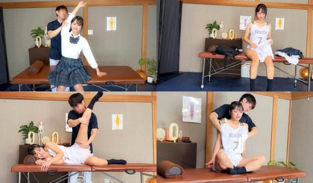 制服姿の女性が施術台に座って片腕を上げ、男性が腕や肩を支えている。白い運動着に替えた姿では、横向きで片脚を持ち上げられたり背後から上体を支えられたりしている。